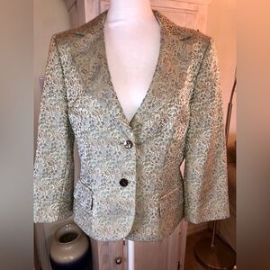 Elegant Brocade Cropped Blazer in Tan, Gold, and Blue